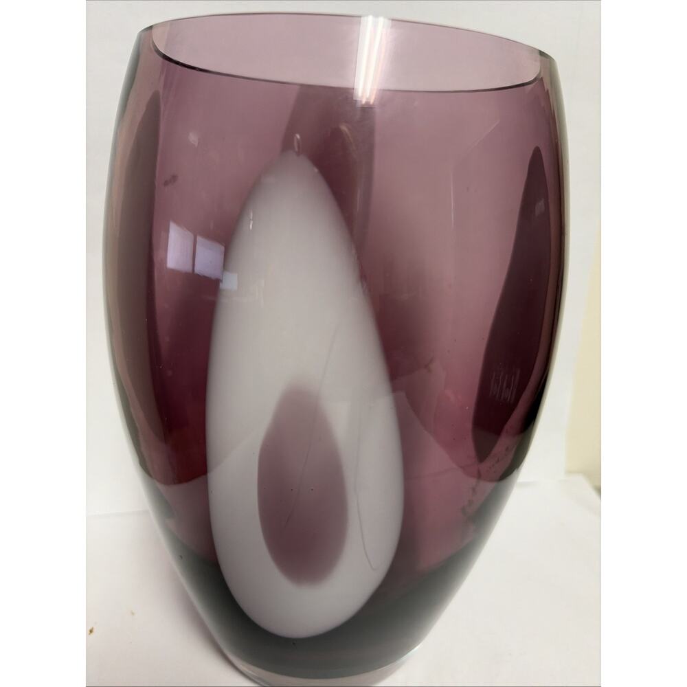Blown Crystal Glass Amethyst Purple White Vase 10.5 x 6 x 4.25" Made In Poland - Picture 2 of 7